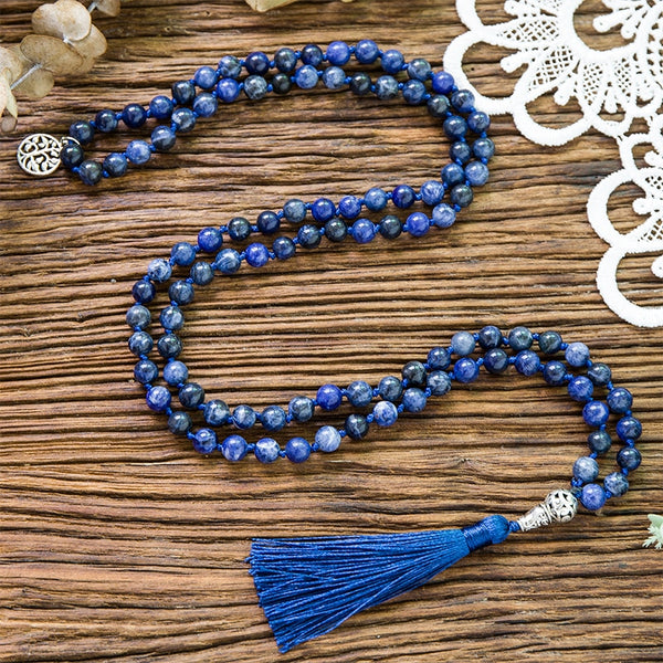 8mm Natural Blue Sodalite Stone Lapis Lazuli Beaded Knotted Necklace
