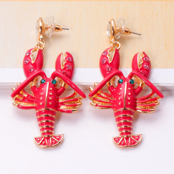 Nuevos pendientes colgantes con cristales de langosta roja y diamantes de imitación para fiesta