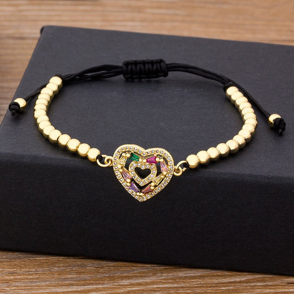 Nueva pulsera de corazón hecha a mano de moda con cuentas ajustables de circonita y cobre.