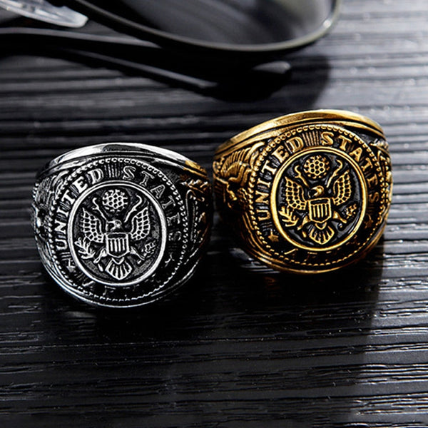 Anillo militar vintage del ejército de EE. UU. para hombre, de acero inoxidable, color dorado y plateado.
