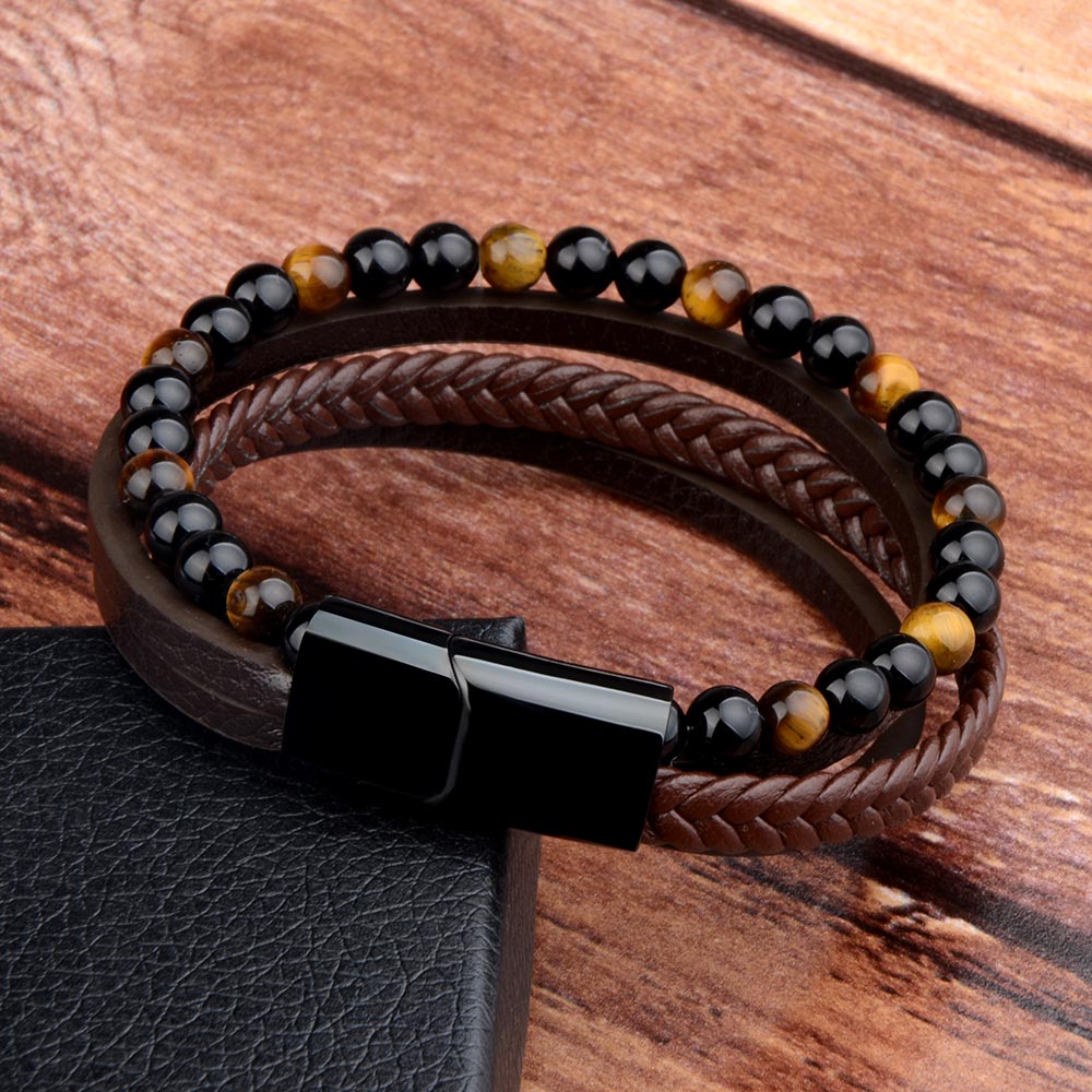 Fashion Natural Stone Beads Bracelet Multilayer Genuine Leather Braided Bracelet