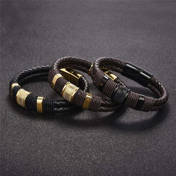 Pulsera de cuero trenzado de moda para hombre, acero inoxidable, cierre magnético, brazalete clásico