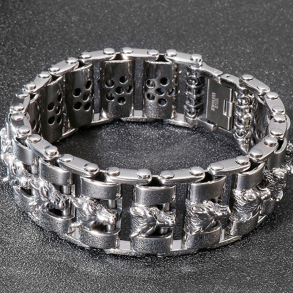 Pulsera de acero inoxidable macizo con cabeza de lobo de hip hop para hombre y niño.