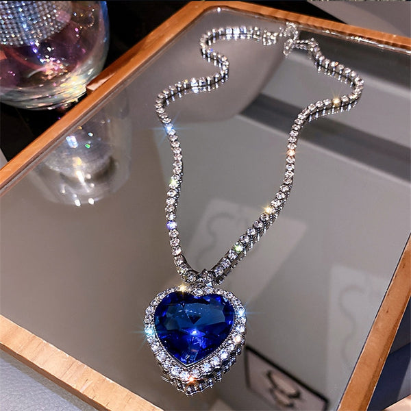 Blue Heart Crystal Necklaces for Women Long Chain Pendant Necklaces