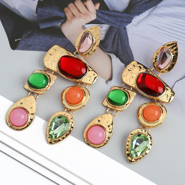 Pendientes colgantes de metal geométrico con cristales de colores de moda