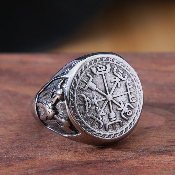 Anillo vikingo retro "Awe of Helm" para hombre, anillo nórdico de acero inoxidable con doble hacha y tótem.