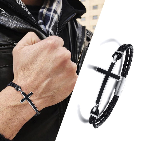 PULSERA DE CUERO TRENZADO DOBLE CON CRUZ NEGRA PARA HOMBRE CON CIERRE MAGNÉTICO