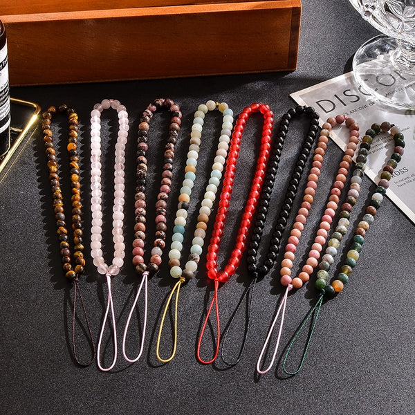 Cadena para teléfono con cuentas, correa para muñeca, cordón para teléfono móvil, llavero, pulseras negras de ojo de tigre de 6 mm