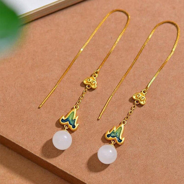 Pendientes largos de porcelana esmaltada con cuentas redondas de jade hetiano natural de nuevo diseño