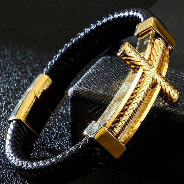 Pulsera de cuero con cruz religiosa para hombre