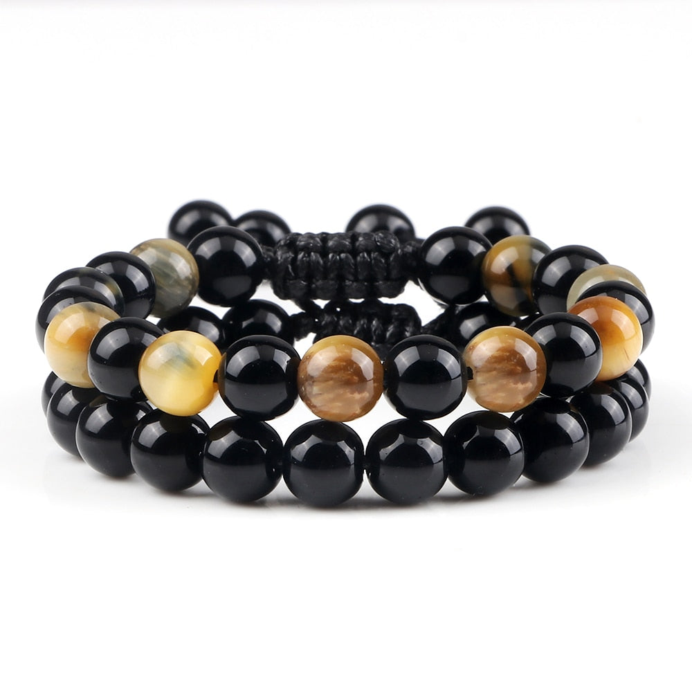 Hot 2pcs/set Men Beaded Bracelets Tiger Eye Lava Natural Stone Onyx Beaded Couple Distance Bracelets