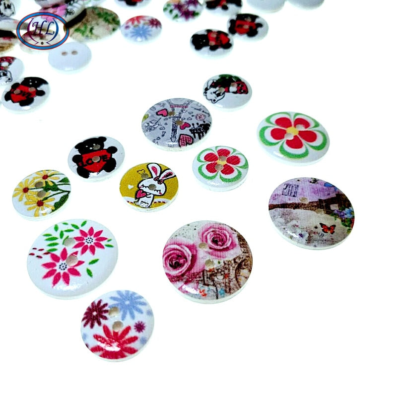 30pcs 15MM-20MM Printed Cartoon Flower Wood  Buttons