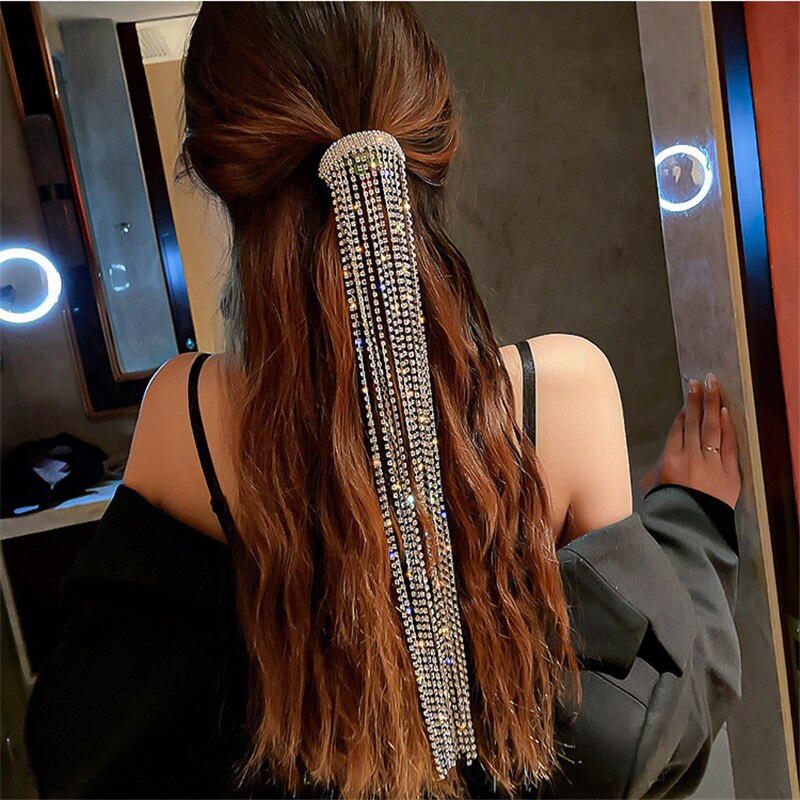 Shiny Full Rhinestone Hairpins for Women Long Tassel Crystal Hair Accessories