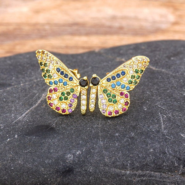 Nuevos pendientes de mariposa con 28 estilos de diamantes de imitación y colores arcoíris para mujer