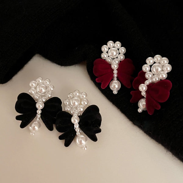 Korean Vintage Velvet Bowknot Drop Earrings For Women