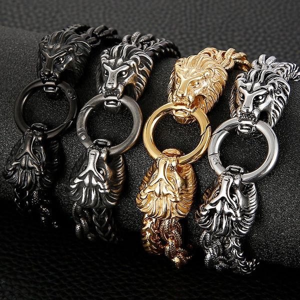 Pulsera gótica de acero inoxidable para hombre con cabezas de león y cadena de eslabones de doble capa.