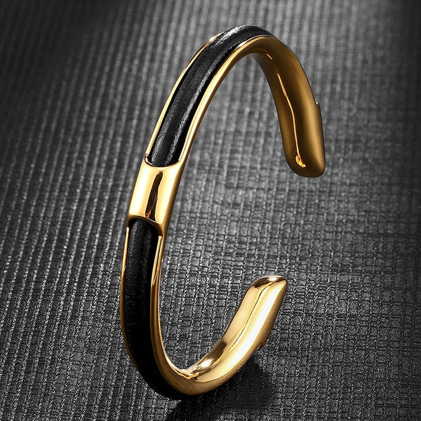 Brazalete cubano de acero inoxidable para hombre, dorado y negro, joyería de cuero de moda, pulseras