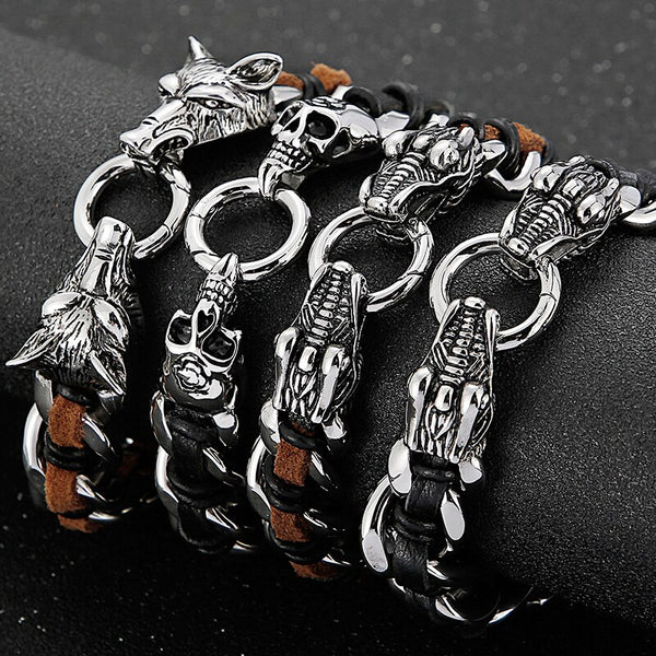 Pulsera de cuero trenzado para hombre con calavera, lobo, cabeza de dragón, acero inoxidable vintage
