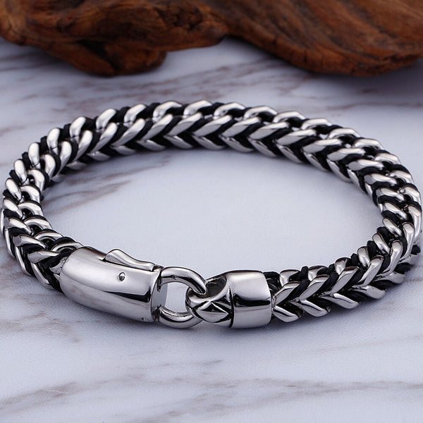 Pulsera trenzada de cuero genuino de 9 pulgadas para hombre, pulsera de acero inoxidable para hombre.
