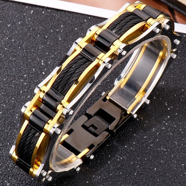 Pulsera de cadena trenzada de acero inoxidable chapada en oro macizo para hombre