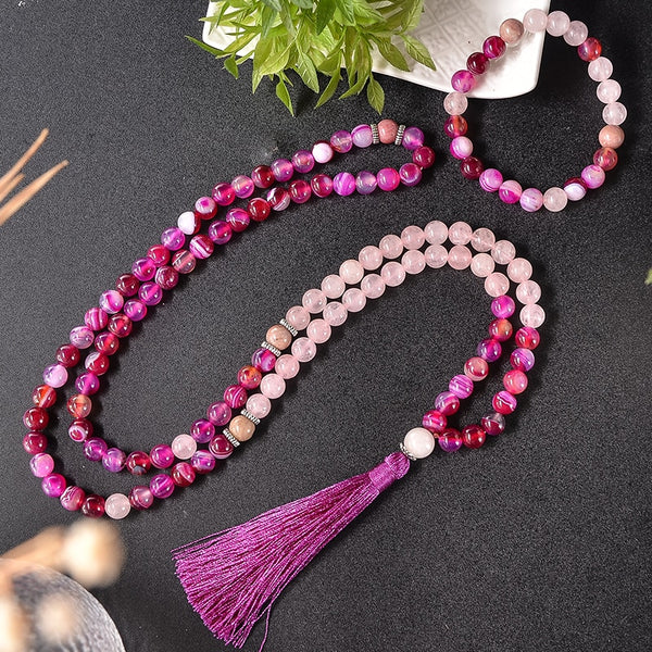 Collar de japamala de 8 mm con cuentas de ágata y cuarzo rosa rodocrosita 108