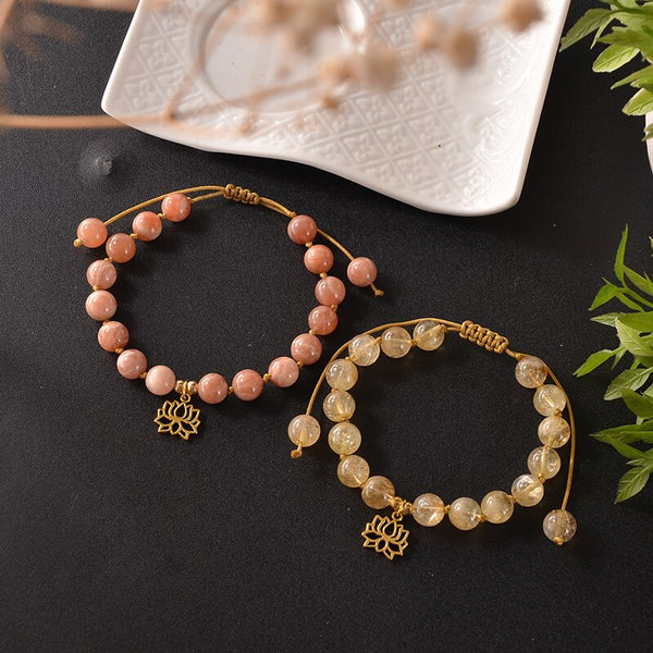 Pulsera anudada con cuentas de citrino natural de 8 mm y piedra solar