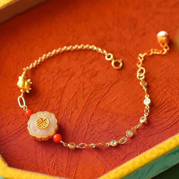 Pulsera de jade hetiano natural con incrustaciones de circonitas en oro dorado del Año Nuevo del Buey