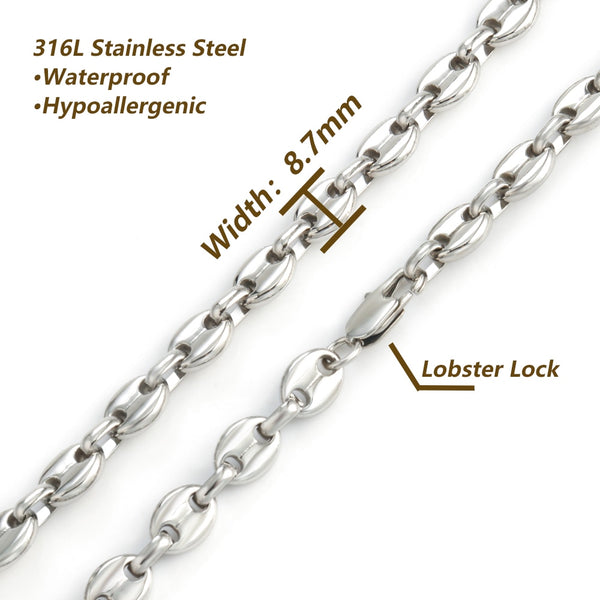 Collar y pulsera de cadena de eslabones de granos de café en color plata de 8,7 mm de ancho para hombre y mujer.