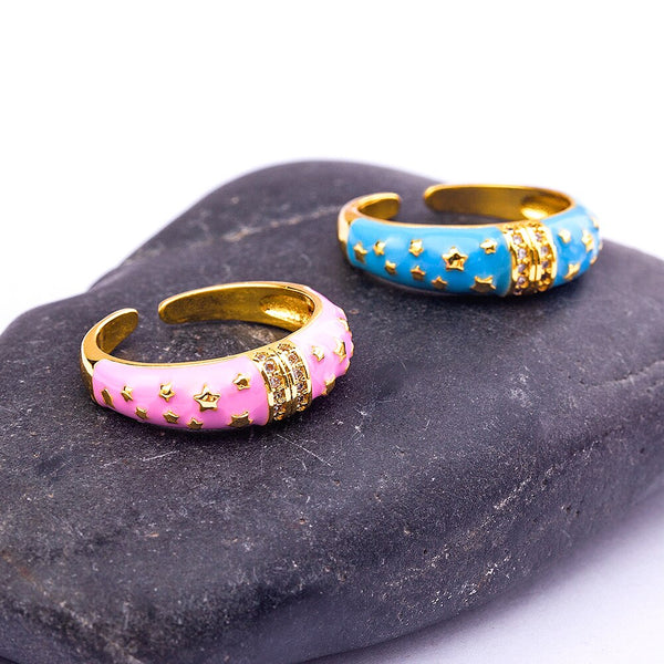 Anillo de circonita brillante con esmalte neón de moda para mujer