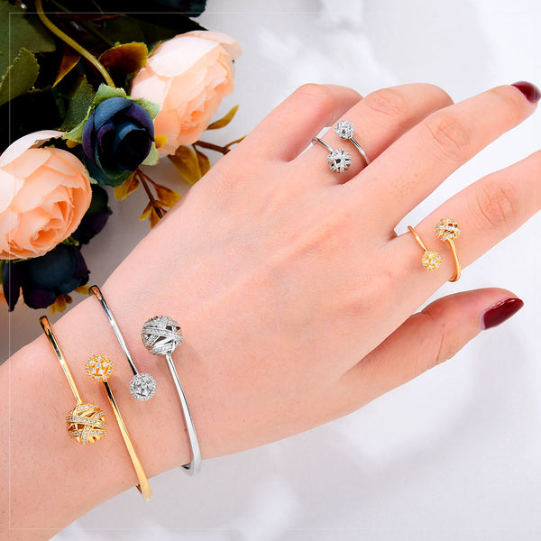 Trendy Luxury Hollow Ball Statement Bangle Cuff Ring Set Jewelry Set For Women