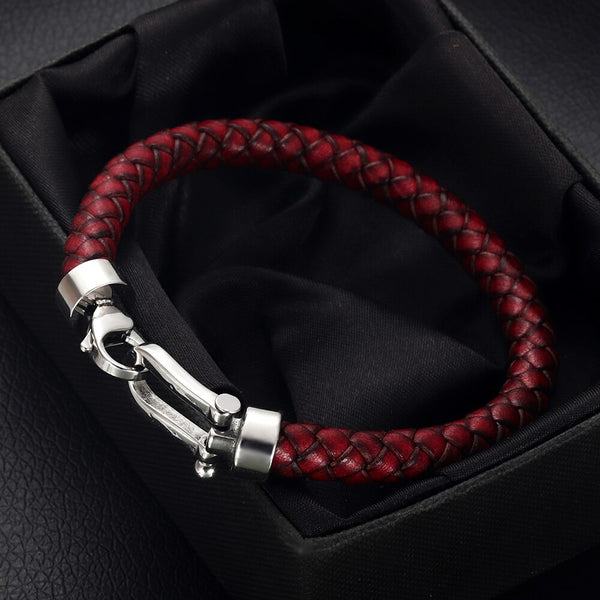 Pulsera clásica para hombre de cuero genuino trenzado con cierre de langosta de herradura de acero inoxidable 316L