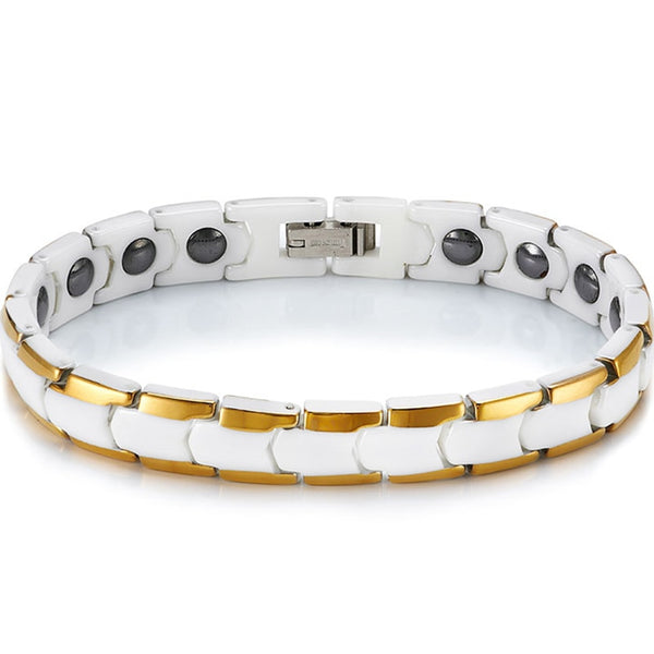 Pulsera magnética de cerámica blanca chapada en oro para mujer
