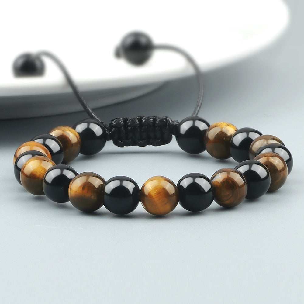 Hot 2pcs/set Men Beaded Bracelets Tiger Eye Lava Natural Stone Onyx Beaded Couple Distance Bracelets