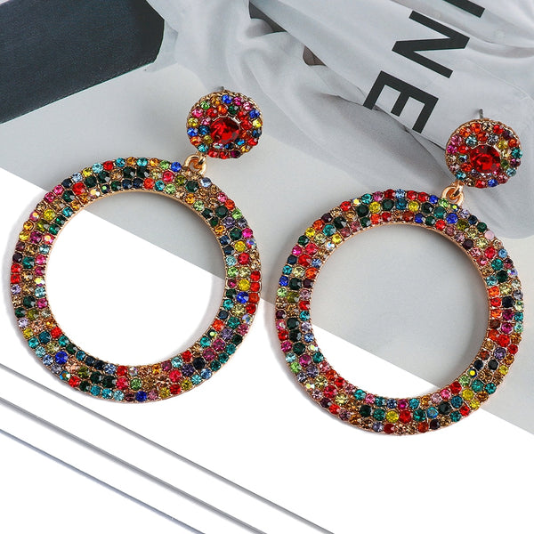 Pendientes colgantes grandes de lujo estilo bohemio vintage con cristales y metal redondo de moda