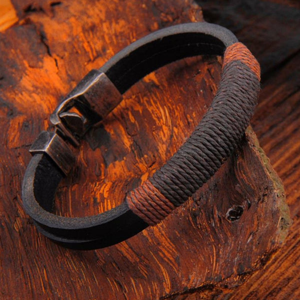 Retro Fashion Titanium Steel Black Leather Hemp Rope Bracelet