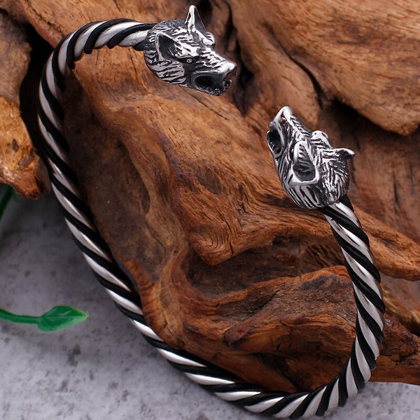 Brazaletes abiertos con cabeza de calavera de león y lobo para hombre