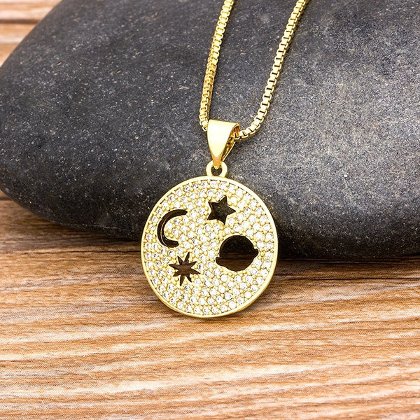 Nuevo Producto, colgante de lujo de cobre con circonita cúbica y estrella y luna para mujer.