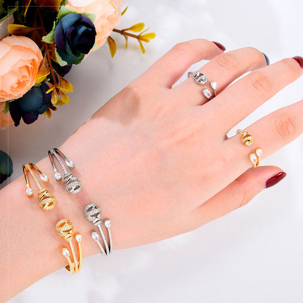 Trendy Luxury Braid Ball Statement Bangle Cuff Ring Sets