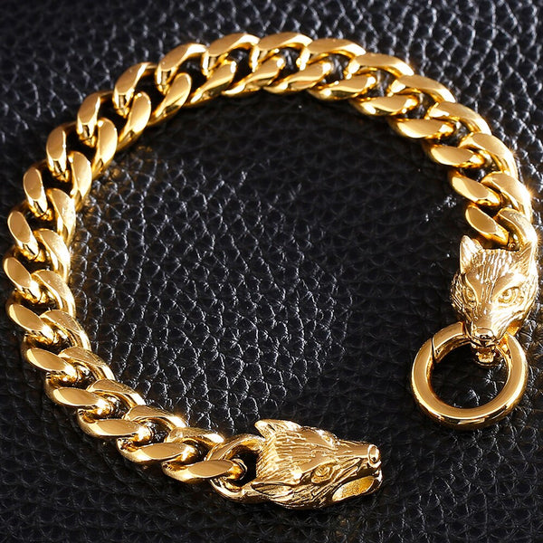 Pulsera de acero inoxidable con doble cabeza de lobo chapada en oro macizo para hombre
