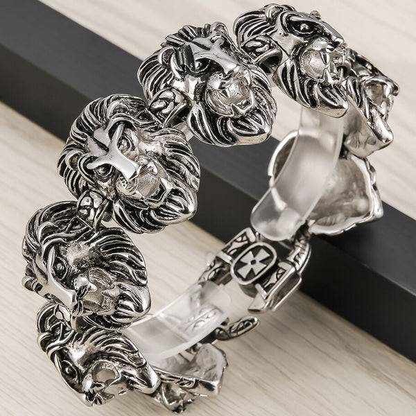 Pulsera de cadena con cabeza de león para hombre, de acero inoxidable, con dijes de metal.