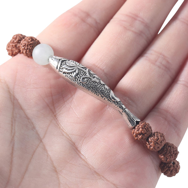 Pulsera elástica de pez hueco con tubo largo y cuentas de Rudraksha