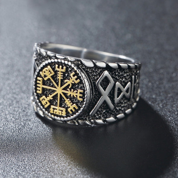 Anillo de brújula de acero inoxidable nórdico vintage para hombre, amuleto vikingo de Odín.