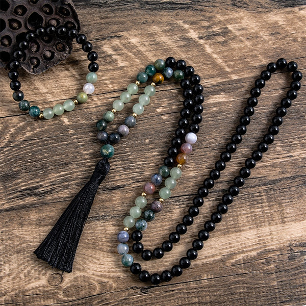Collar de cuentas de aventurina verde natural de 8 mm con ágata india y ónix negro