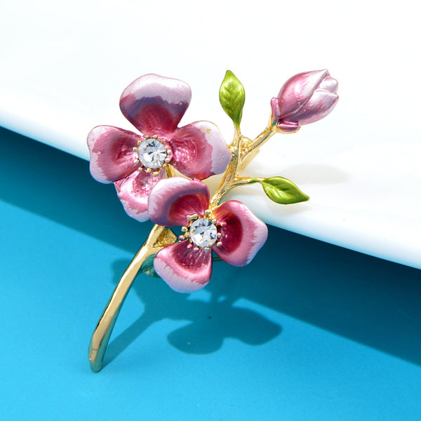 Broches de flores con diamantes de imitación esmaltados para bodas y oficinas. Elegante broche de planta.