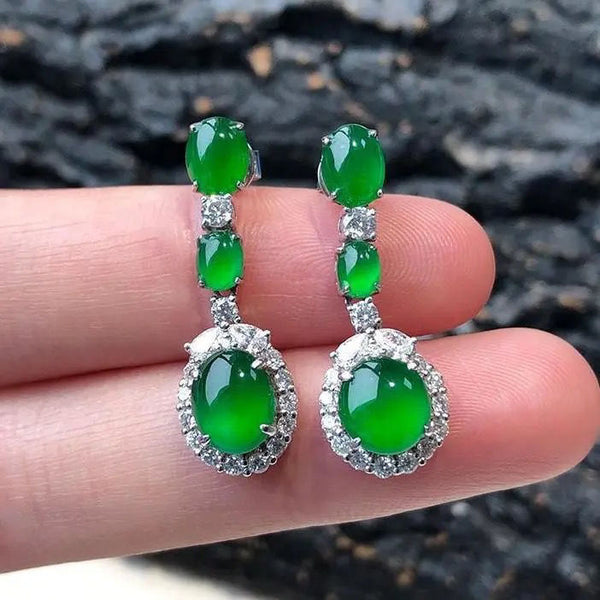 Natural Hetian Jasper Jadeite Oval Diamond Long Earrings