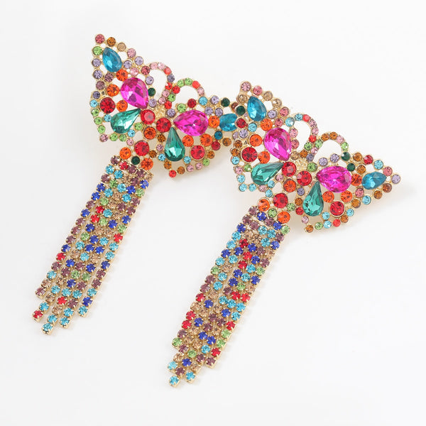 Pendientes de borlas de mariposa con diamantes de imitación de metal sencillos de moda