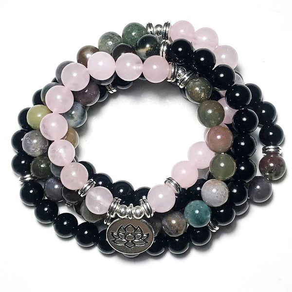 Pulsera de cuentas de piedra natural Mala 108 de 8 mm con cuentas de ónix negro y cuarzo rosa
