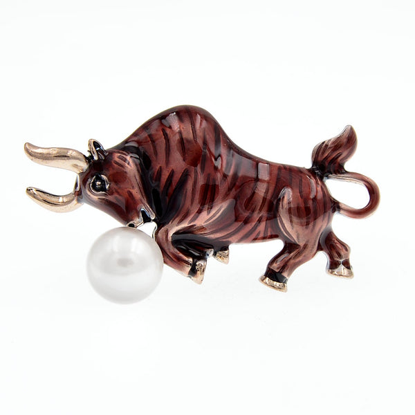 New Arrival Enamel Fighting Bull Brooch Women And Men Pearl Cattle Pin Brooch