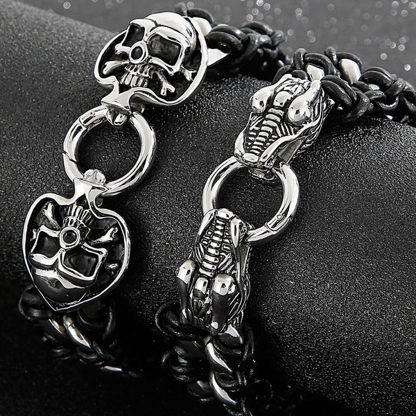 Pulsera de piel de vaca con cabeza de dragón y calavera para hombre y niño
