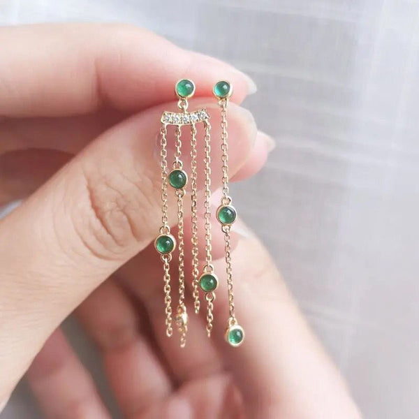 unique creative silver inlaid chalcedony small egg round tassel earrings